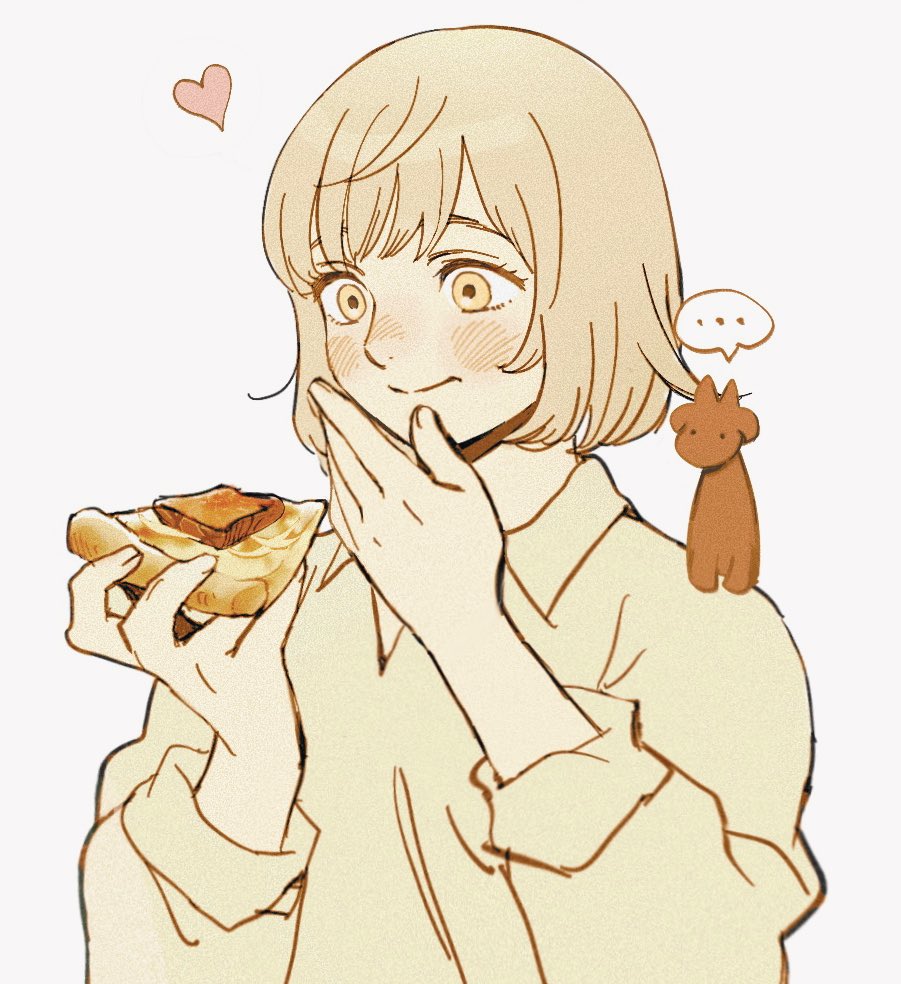 ... 1girl blonde_hair closed_mouth dungeon_meshi eating falin_touden falin_touden_(chimera) food food_request frs2 hand_up heart shirt short_hair simple_background smile solo spoken_ellipsis yellow_eyes