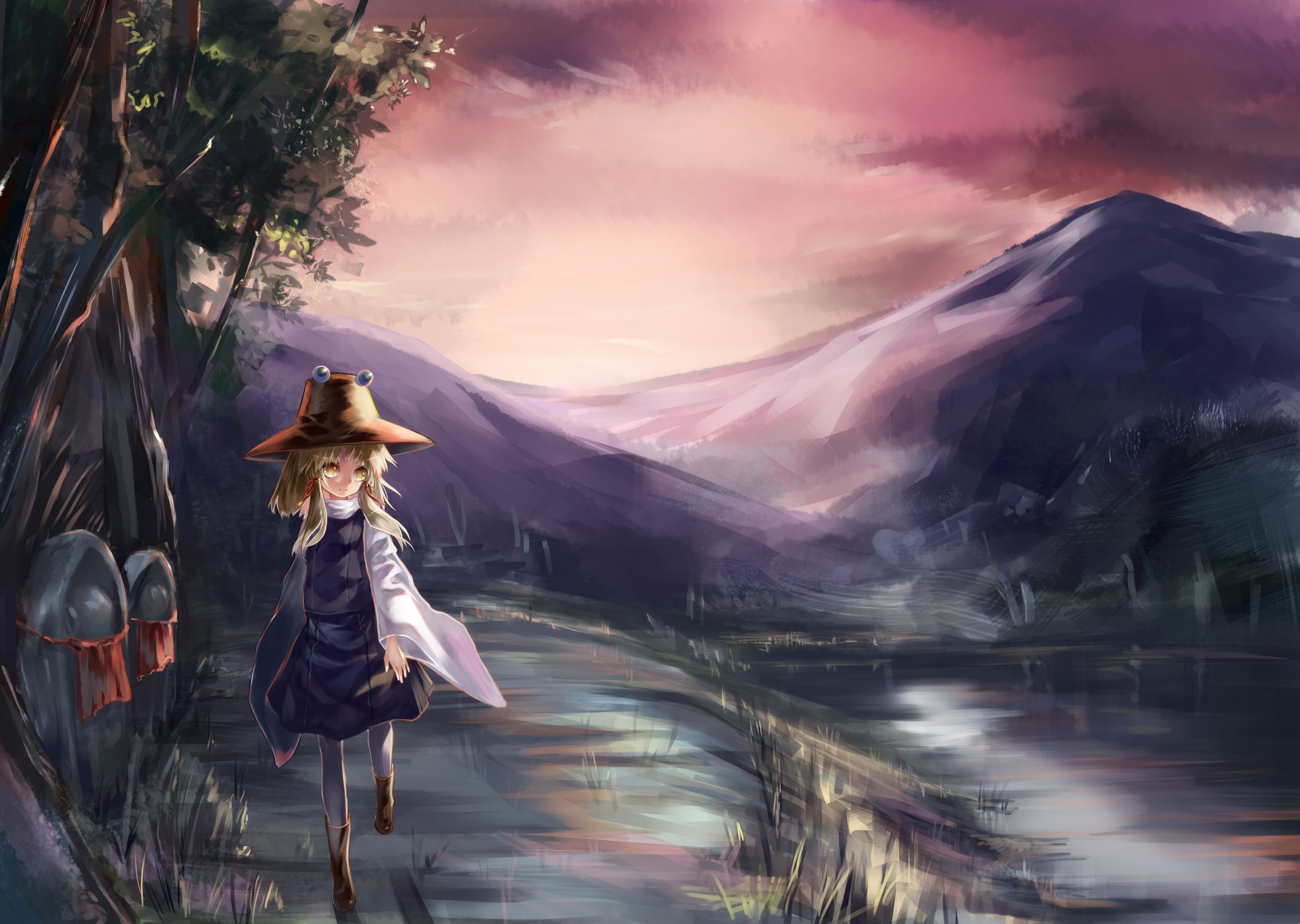 1girl blonde_hair boots cloud dress expressionless female_focus grass hair_ribbon hat highres jizou layered_dress long_sleeves looking_to_the_side moriya_suwako mountain outdoors pantyhose path pink_sky ribbon river road short_hair sidelocks sky solo syukou touhou tree twilight walking white_pantyhose wide_sleeves yellow_eyes