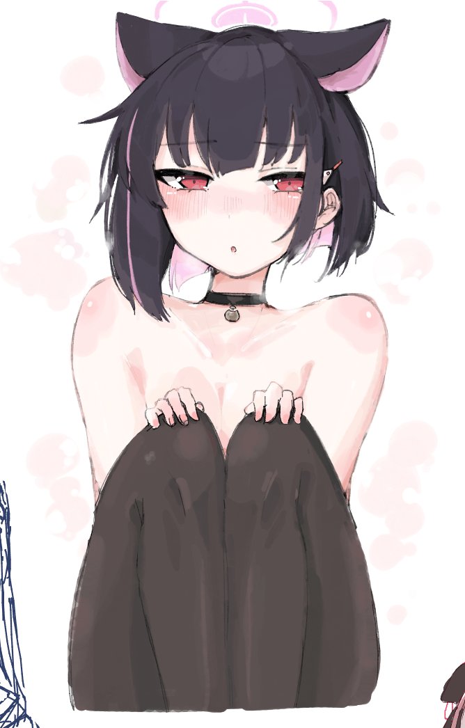 1girl :o animal_ears black_choker blue_archive breasts brown_pantyhose choker colored_inner_hair commentary_request extra_ears halo kazusa_(blue_archive) medium_breasts multicolored_hair negu_(pixiv_6519140) pantyhose pink_hair pink_halo short_hair sitting solo topless_female two-tone_hair