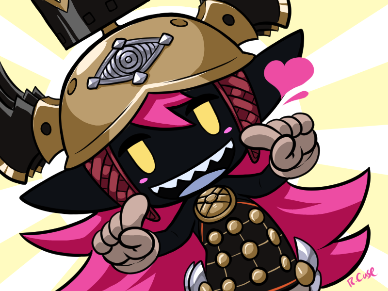 1girl armor armored_dress artist_name black_skin blush_stickers chibi colored_skin crown dress fake_horns final_fantasy gloves heart helmet horned_helmet horns jitome long_hair looking_at_viewer open_mouth pink_hair pointing pointing_at_self pointy_ears princess_goblin_(woff) rcasedrawsstuff sharp_teeth simple_background sleeveless smile solo sunburst sunburst_background teeth upper_body world_of_final_fantasy yellow_eyes