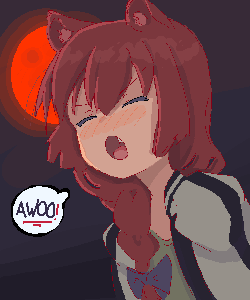 1girl animal_ears black_bow black_jacket black_stripes blush bocchi_the_rock! bow closed_mouth english_text fang from_side furrowed_brow green_jacket green_shirt hair_between_eyes hair_bow hair_over_shoulder hiroi_kikuri howling jacket long_hair moon night night_sky red_moon shirt sky solo striped_clothes striped_jacket tongue treepxiv upper_body vertical-striped_clothes vertical-striped_jacket