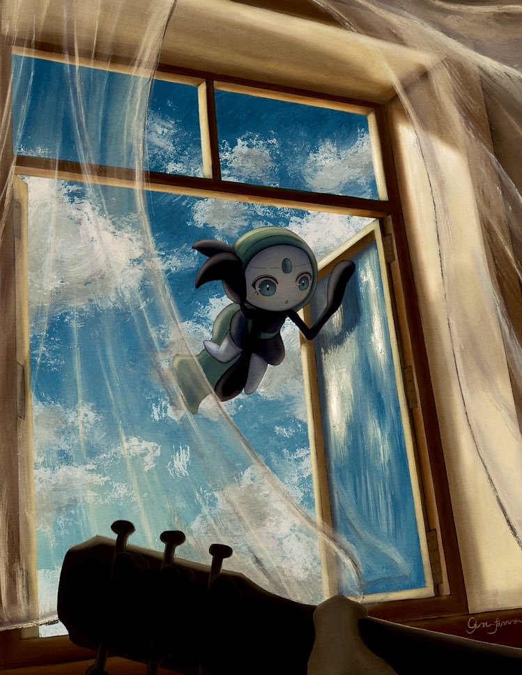 1other arm_up blue_eyes cloud cloudy_sky curtains floating forehead_jewel gen_5_pokemon guitar gyura holding holding_guitar holding_instrument instrument legendary_pokemon looking_ahead meloetta meloetta_(aria) mythical_pokemon nintendo open_mouth open_window playing_guitar playing_instrument pokemon pokemon_(creature) signature sky window
