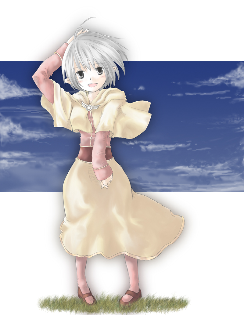 1girl 2000s_(style) acolyte_(ragnarok_online) ahoge blue_sky blush brown_shoes capelet cloud commentary_request full_body grass grey_eyes grey_hair hand_on_own_head long_sleeves looking_at_viewer mary_janes open_mouth pantyhose pigeon-toed pink_pantyhose pink_shirt pointy_ears ragnarok_online shirt shoes short_hair skirt sky smile solo standing white_capelet white_skirt yuina_(yuina_h)