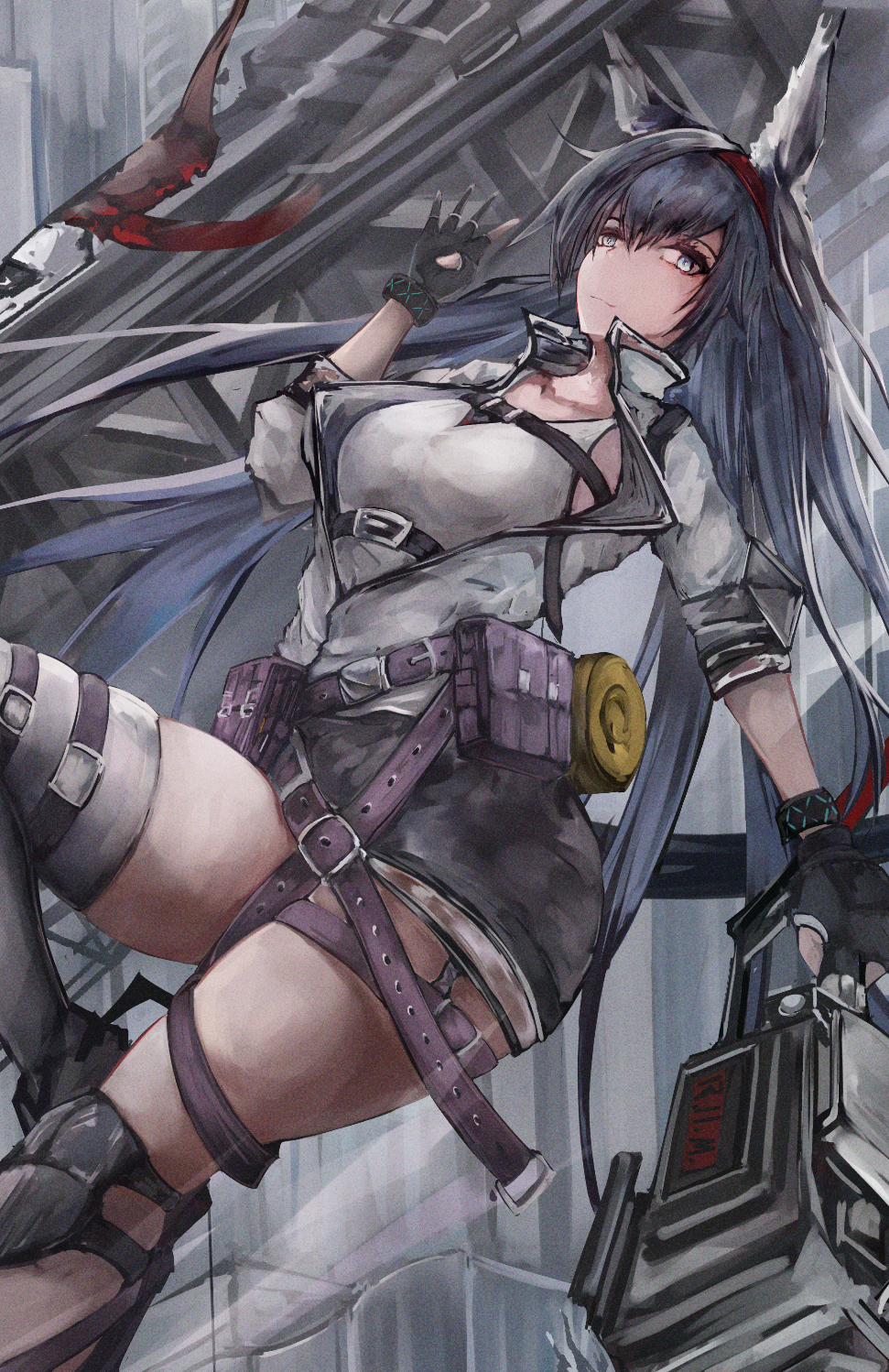 1girl animal_ears arknights black_gloves black_hair blaze_(arknights) blue_eyes breasts cat_ears cat_girl chest_belt feet_out_of_frame gloves hairband highres holding jacket kisumun long_hair looking_at_viewer red_hairband shirt smile solo tank_top thigh_strap white_jacket white_tank_top