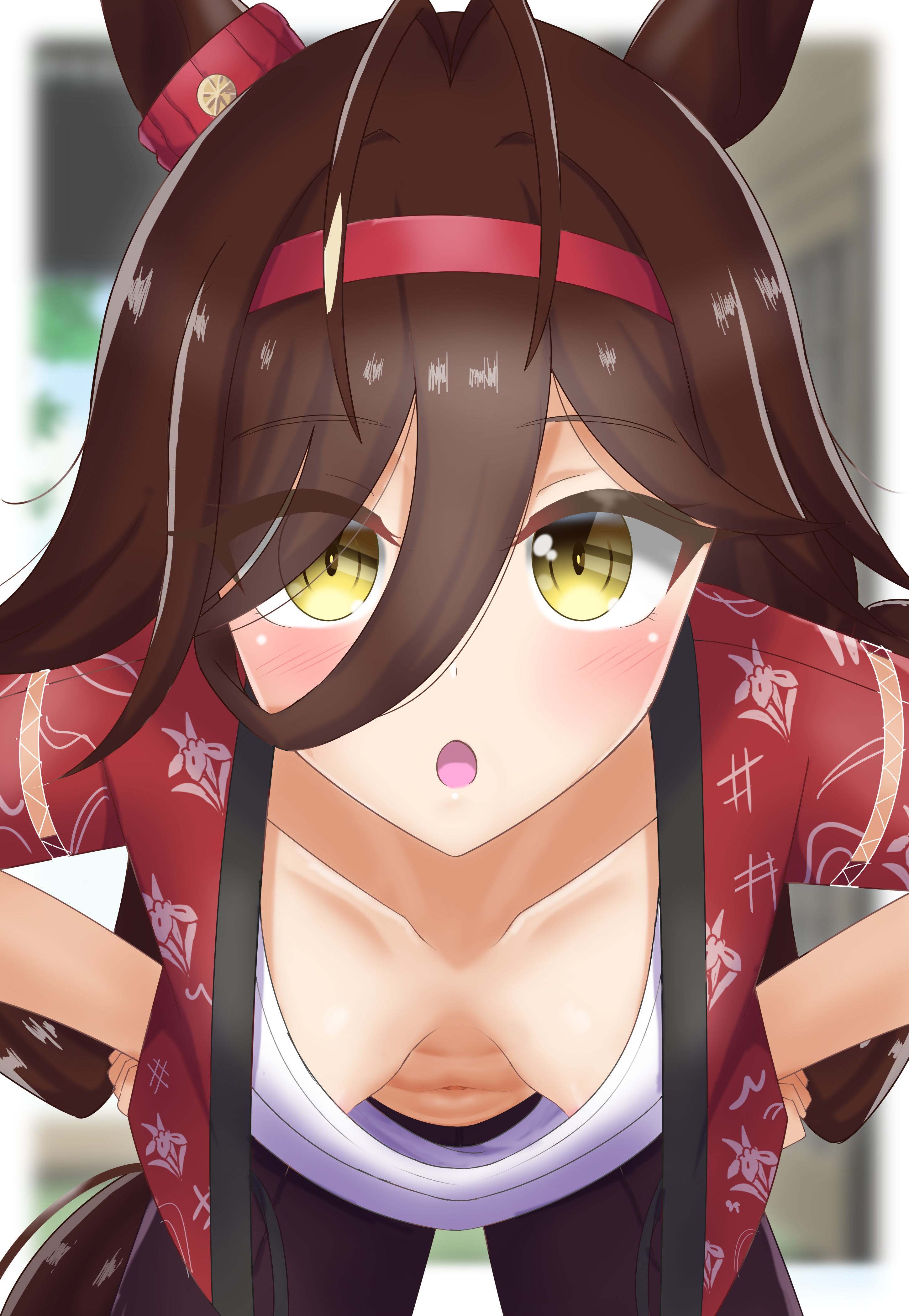1girl absurdres animal_ears antenna_hair bent_over blurry blurry_background blush breasts casual collarbone commentary_request downblouse green_eyes hairband highres horse_ears horse_girl kusarigama_sshimi leaning_forward looking_at_viewer low_twintails navel no_reason_(umamusume) open_mouth small_breasts textless_version twintails umamusume