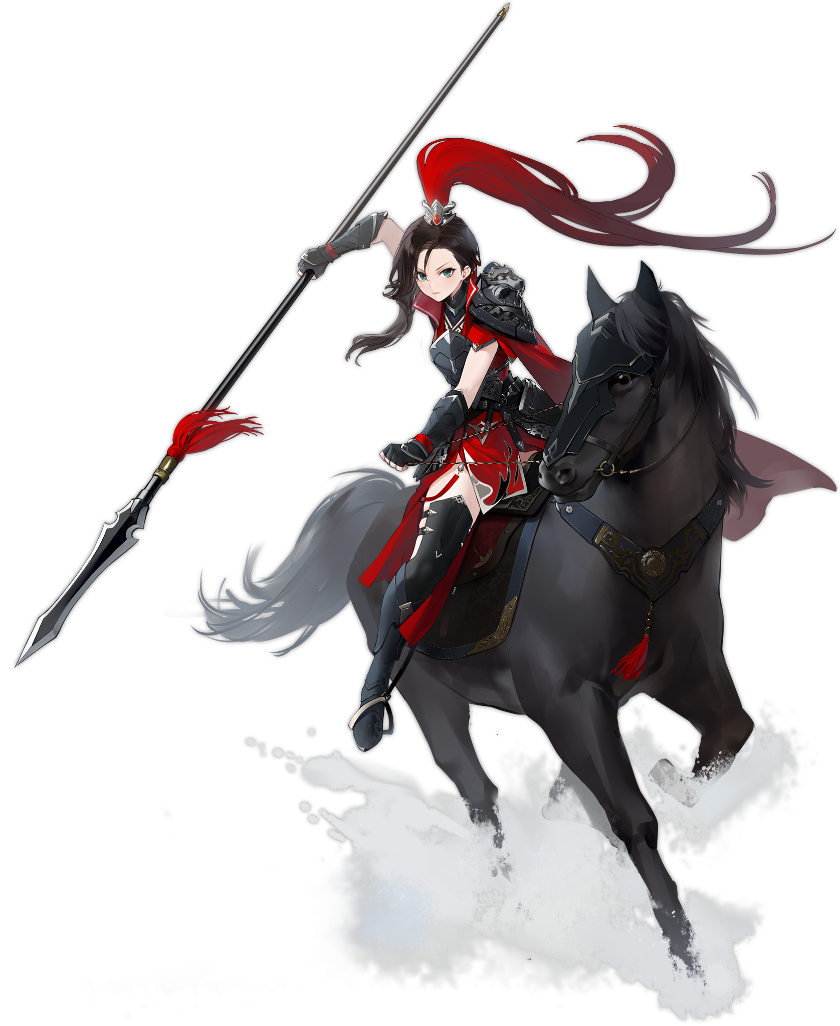 1girl armor azur_lane black_hair black_thighhighs cape full_body green_eyes highres holding holding_weapon horse looking_at_viewer official_alternate_costume official_art pennsylvania_(azur_lane) pennsylvania_(the_keystone_general)_(azur_lane) polearm spear suisai_(suisao) thighhighs transparent_background weapon