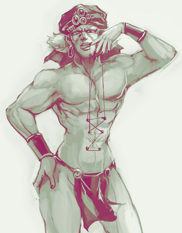1boy bad_id bad_pixiv_id battle_tendency bikini bracer chocoblood curly_hair esidisi facial_mark hat jojo_no_kimyou_na_bouken loincloth male_focus monochrome muscular muscular_male nose_piercing nose_ring pelvic_curtain piercing revealing_clothes solo stitches string_bikini swimsuit topless_male