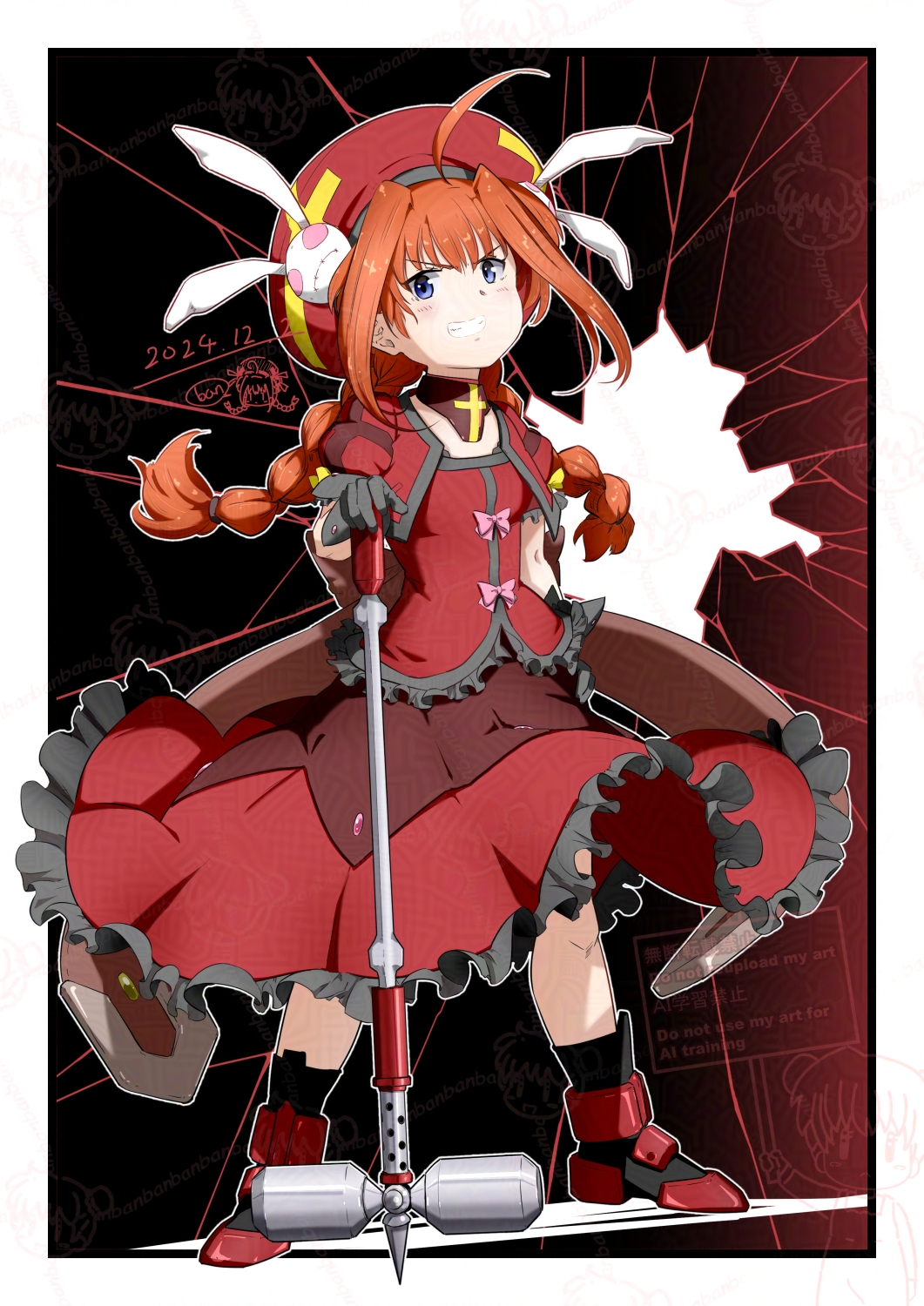 1girl adversarial_noise ahoge ban_(777purin) beret black_gloves blue_eyes boots braid dress gloves graf_eisen hammer hat highres lyrical_nanoha magical_girl rabbit red_dress red_footwear red_hair smile twin_braids vita_(nanoha)