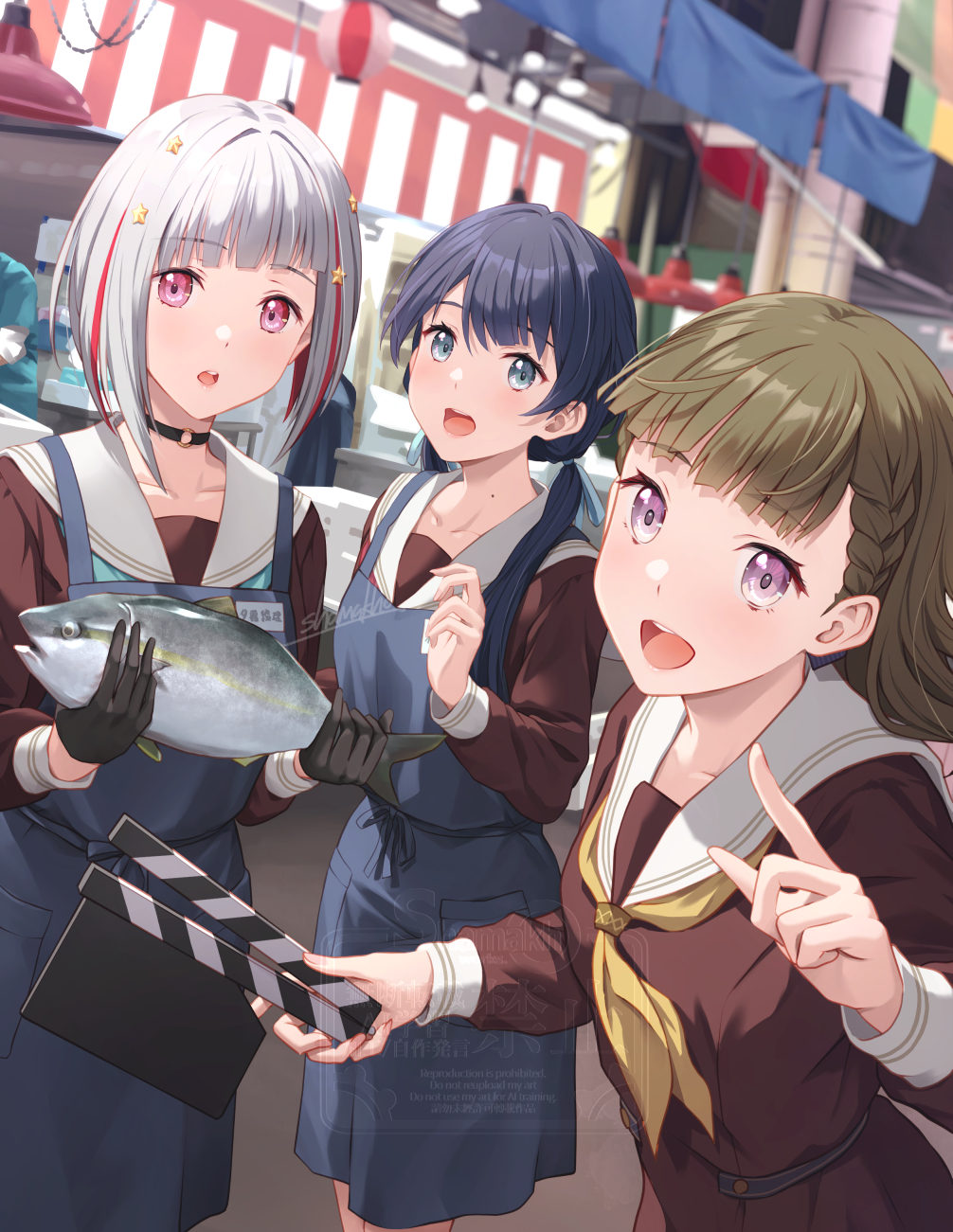 3girls :d :o animal apron aqua_neckerchief black_choker black_gloves blue_apron blue_eyes blue_hair blue_ribbon blunt_bangs blurry blurry_background bob_cut braid braided_bangs brown_dress brown_hair center-flap_bangs choker clapperboard collarbone colored_inner_hair commentary_request dark_blue_hair diagonal_bangs dollchestra dress fish gloves grey_hair hair_ribbon half_gloves hasu_no_sora_school_uniform highres holding holding_animal holding_fish index_finger_raised inverted_bob kachimachi_kosuzu link!_like!_love_live! long_hair long_sleeves looking_at_viewer love_live! low_twintails mole mole_on_neck multicolored_hair multiple_girls murano_sayaka neckerchief o-ring o-ring_choker open_mouth pink_eyes red_hair red_neckerchief ribbon sailor_collar sailor_dress school_uniform shamakho short_hair side_braids smile straight_hair streaked_hair teeth twintails upper_teeth_only virtual_youtuber watermark white_sailor_collar winter_uniform yellow_neckerchief yugiri_tsuzuri