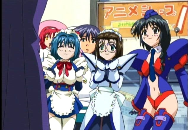 1boy 3girls apron armor black_hair brown_hair comic_party cosplay green_hair hoshino_miho karinka_(koutetsu_tenshi_kurumi) karinka__(koutetsu_tenshi_kurumi)_(cosplay) koutetsu_tenshi_kurumi kurumi_(koutetsu_tenshi_kurumi) kurumi_(koutetsu_tenshi_kurumi)_(cosplay) leotard lowres maid_apron maid_headdress multiple_girls red_hair saki_(koutetsu_tenshi_kurumi) saki__(koutetsu_tenshi_kurumi)_(cosplay) screencap sendo_kazuki shoulder_armor takase_mizuki tsukishiro_yuka yumeji_mayu