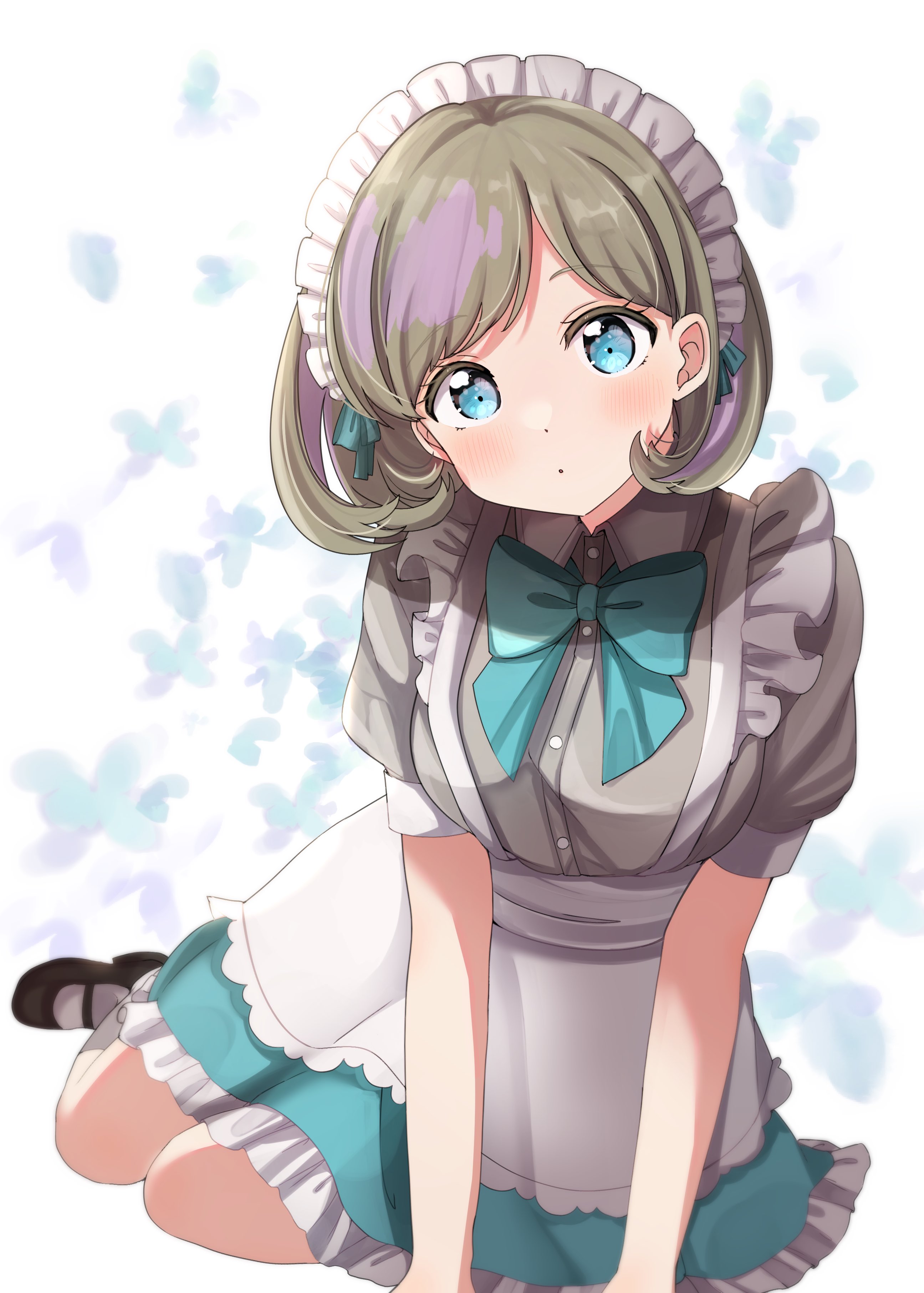1girl :o absurdres alternate_costume apron black_shoes blue_bow blue_eyes blue_skirt blush bow breasts brown_hair collared_shirt enmaided grey_shirt highres looking_at_viewer love_live! love_live!_superstar!! maid maid_apron maid_headdress medium_breasts multicolored_hair nyako_(utaneko31) purple_hair shirt shoes short_hair sitting skirt solo streaked_hair tang_keke