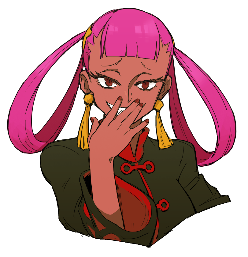 1girl blunt_bangs commentary dark-skinned_female dark_skin earrings eyelashes gokotan grin hair_rings hand_up jacket jewelry long_hair nail_polish nintendo pink_hair pokemon pokemon_masters_ex punk_girl_(pokemon) raised_eyebrows red_eyes red_nails sharp_teeth smile solo teeth