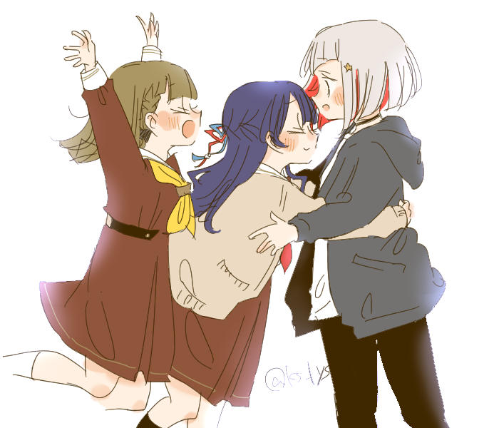 3girls :d :o arms_up black_pants black_socks blue_hair blue_ribbon blush bob_cut braid brown_dress brown_hair center-flap_bangs closed_eyes commentary_request dollchestra dress feet_out_of_frame grey_hair grey_jacket hair_ornament hair_ribbon half_up_braid half_updo hasu_no_sora_school_uniform hood hooded_jacket hug inverted_bob jacket jumping kachimachi_kosuzu kase_(ks_lys) kneehighs link!_like!_love_live! long_hair long_sleeves looking_at_another love_live! medium_dress multicolored_hair multiple_girls murano_sayaka neckerchief open_clothes open_jacket open_mouth pants pleated_dress profile red_hair red_neckerchief red_ribbon ribbon sailor_collar sailor_dress school_uniform shirt short_hair side_braids simple_background smile socks standing star_(symbol) star_hair_ornament streaked_hair twitter_username virtual_youtuber white_background white_sailor_collar white_shirt white_socks winter_uniform yellow_neckerchief yugiri_tsuzuri