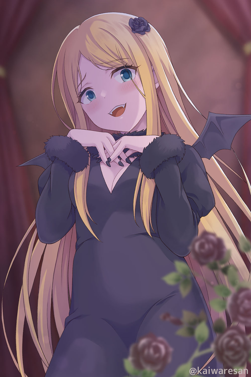 1girl black_dress black_nails black_neckwear blonde_hair blue_eyes blush breasts cleavage demon_girl dress fang fur_trim highres long_hair looking_at_viewer nail_polish overlord_(maruyama) parted_bangs renner_theiere_chardelon_ryle_vaiself small_breasts smile very_long_hair yandere
