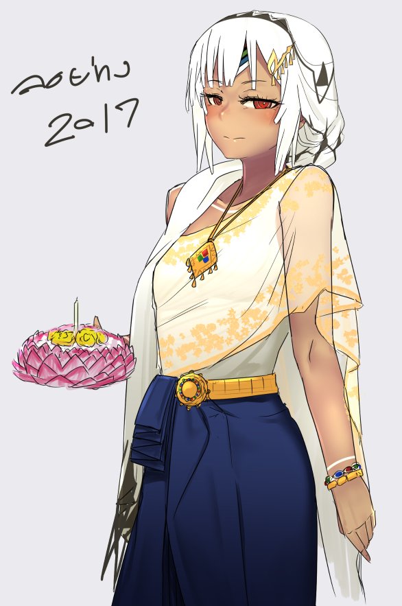 1girl altera_(fate) alternate_costume bare_arms belt blue_skirt blush bracelet closed_mouth dark-skinned_female dark_skin dress fate/extella fate/extra fate_(series) feet_out_of_frame female_focus food headdress holding holding_food i-pan jewelry red_eyes short_hair simple_background skirt solo tan tattoo veil white_hair