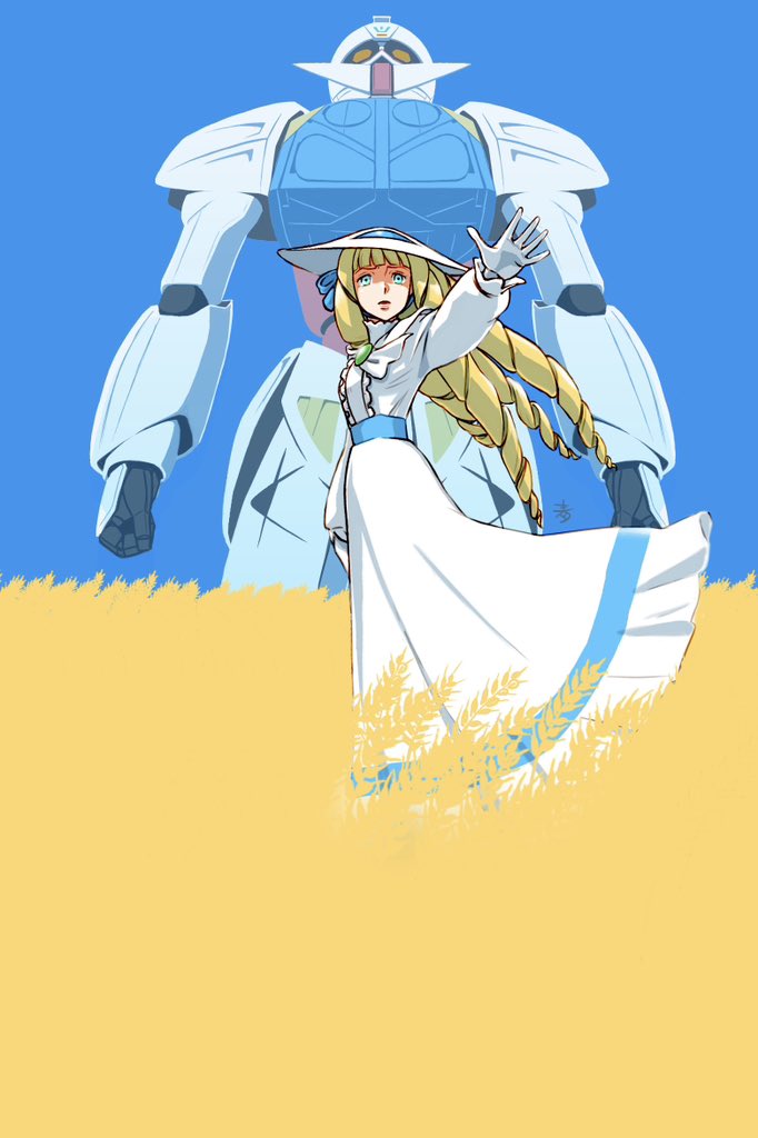 aobito_sukoyaka_bystander big_hair blonde_hair blue_eyes dianna_soreil dress drill_hair field gloves gundam mecha mobile_suit ringlets robot science_fiction sky turn_a_gundam turn_a_gundam_(mobile_suit)