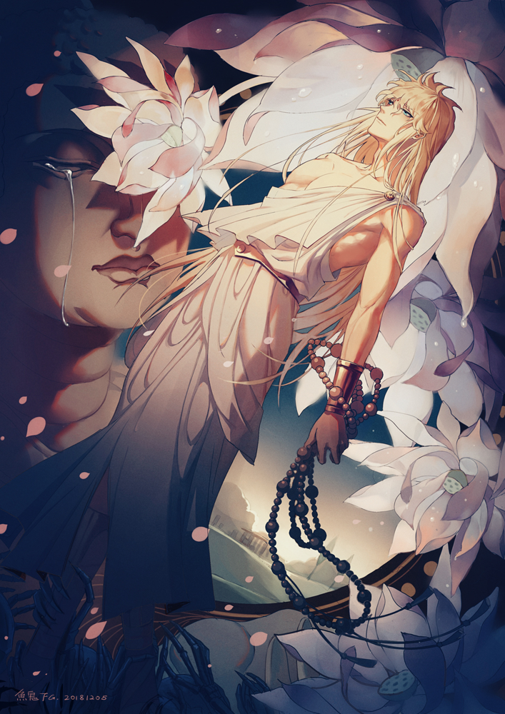 androgynous beads blonde_hair blue_eyes buddha crying dated fishghost flower gender_request lily_(flower) long_hair male_focus prayer_beads rosary saint_seiya virgo_shaka