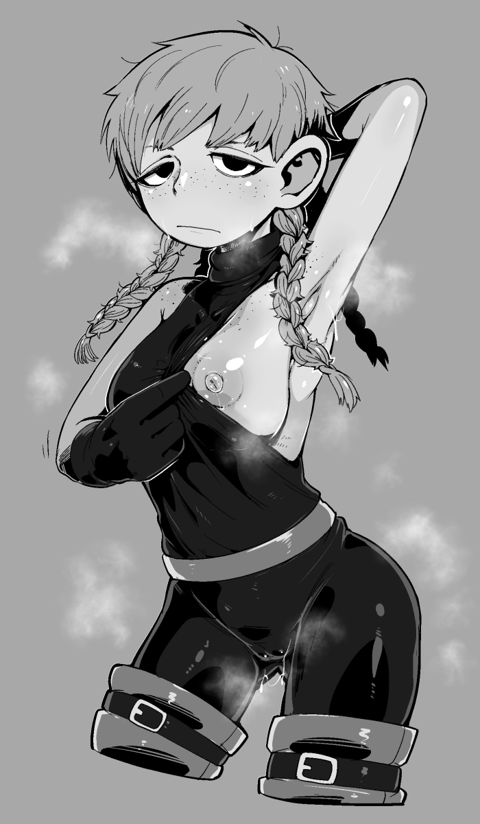 1girl arm_behind_head armpits bare_shoulders belt belt_boots body_freckles bodysuit boots braid breasts cameltoe commentary_request dungeon_meshi expressionless freckles grey_background greyscale halfling highres jitome mayjack_(dungeon_meshi) medium_breasts monochrome nipple_slip nipples presenting_armpit r-one sleeveless smell steaming_body sweat turtleneck unkempt