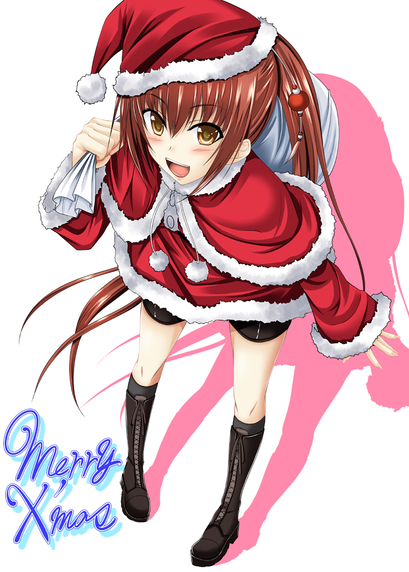 1girl :d bag bike_shorts blush boots brown_eyes brown_hair buttons capelet christmas coat english_text female_focus fingernails flat_chest from_above full_body fur_trim hair_between_eyes hair_ornament hat high_heels kawakami_kazuko knee_boots kneehighs latex leaning_forward long_fingernails long_hair looking_at_viewer looking_up maji_de_watashi_ni_koi_shinasai! open_mouth orange_eyes ponytail sack sakura_kanawo santa_costume santa_hat shadow shiny_clothes shoes shorts sidelocks smile socks solo standing turtleneck very_long_hair wagi white_background wide_sleeves