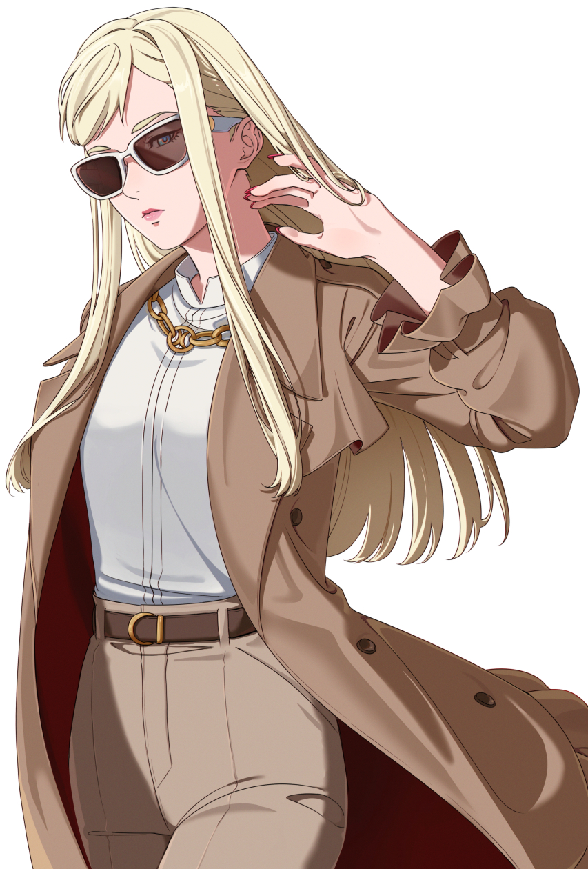 1girl blonde_hair blue_eyes brown_coat brown_pants buttons coat enelous gigi_andalusia glasses gundam gundam_hathaway&#039;s_flash highres long_sleeves looking_at_viewer open_clothes open_coat pants red_nails shirt solo sunglasses white_background white_shirt