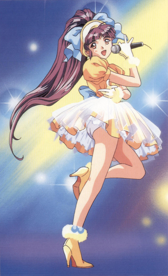 1990s_(style) 1girl full_body gloves headdress high_heels high_ponytail holding holding_microphone idol injuu_gakuen_la_blue_girl layered_skirt leg_up long_hair microphone midou_miko official_art open_mouth petticoat ponytail puffy_sleeves purple_hair retro_artstyle rin-sin scan short_sleeves skirt yokota_mamoru