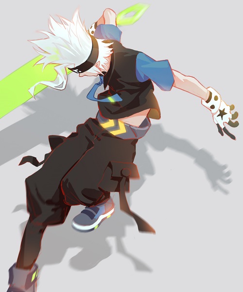 1boy aotu_world belt black_headband black_pants black_vest blue_necktie blue_shirt fingerless_gloves full_body gloves grey_(aotu_world) grey_background headband holding holding_sword holding_weapon male_focus necktie oten pants shadow shirt shoes short_sleeves simple_background sneakers solo sword vest weapon white_gloves white_hair