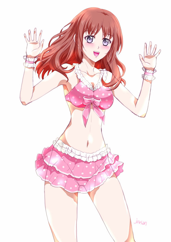 1girl ao_no_kiseki artist_name bikini bikini_skirt blush breasts brown_hair cleavage collarbone cowboy_shot eiyuu_densetsu floating_hair fran_seeker frilled_skirt frilled_wrist_cuffs frills front-tie_bikini_top front-tie_top grey_eyes long_hair looking_at_viewer medium_breasts navel open_hands open_mouth parted_bangs pink_bikini sidelocks simple_background skirt smile solo swimsuit white_background wrist_cuffs xiacheng_tatsuya zero_no_kiseki
