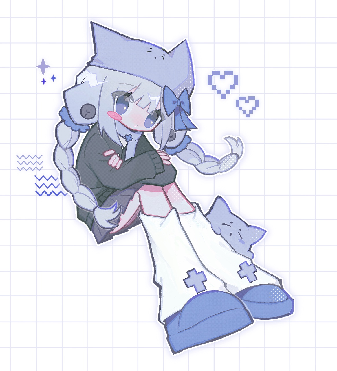1girl animal_hat art_trade blue_eyes blush_stickers braid cat cat_hat cross grey_hair grid hair_ornament hair_scrunchie hat heart highres leg_warmers looking_at_viewer original scarf scrunchie shoes sitting skirt solo sparkle sweater twin_braids yappari