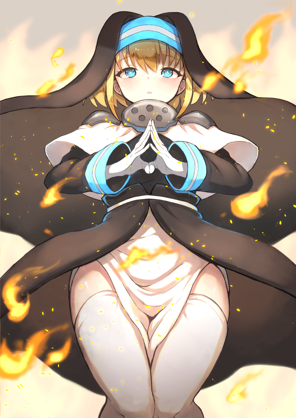 1girl black_dress blonde_hair blue_eyes blush capelet dress en&#039;en_no_shouboutai feet_out_of_frame fire highres iris_(en&#039;en_no_shouboutai) iris_(enen_no_shouboutai) long_sleeves looking_at_viewer nene_(atsushi_hamano) nun parted_lips short_hair simple_background solo steepled_fingers thighhighs thighs veil waist_cape white_capelet white_thighhighs