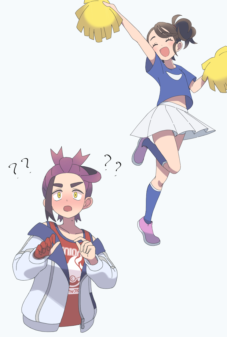 1boy 1girl :d :o ? ?? blue_shirt blue_socks brown_hair cheerleader closed_eyes eyelashes gloves holding holding_pom_poms jacket juliana_(pokemon) kieran_(pokemon) knees leg_up multicolored_hair nintendo off_shoulder open_clothes open_jacket open_mouth outstretched_arm partially_fingerless_gloves pleated_skirt pokemon pokemon_sv pom_pom_(cheerleading) pom_poms purple_footwear red_eyes shirt shoes short_sleeves side_ponytail single_glove skirt smile socks suimoku_(hzdg5322) t-shirt tank_top two-tone_hair yellow_eyes