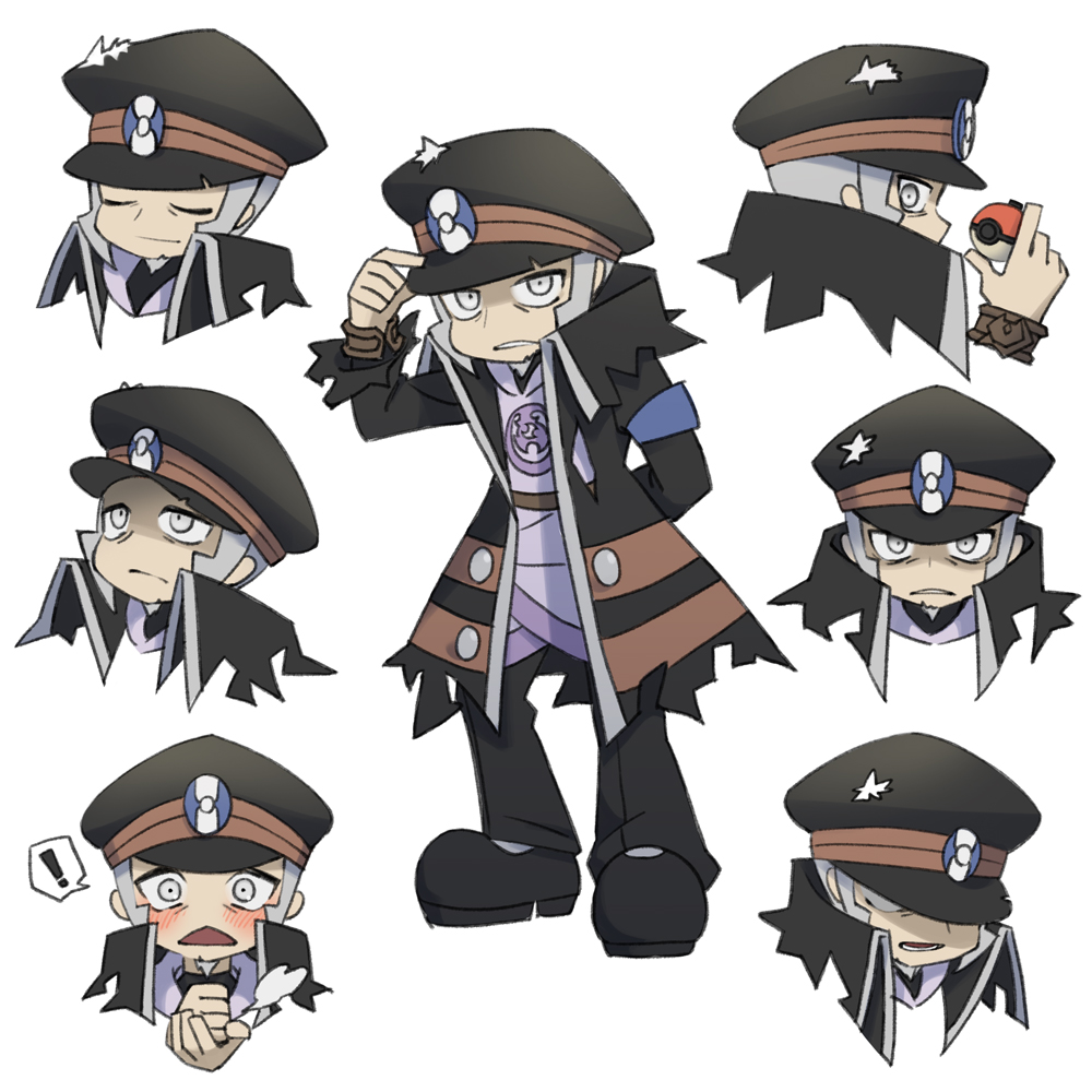 ! 1boy armband armlet belt black_coat black_footwear black_hat black_pants black_undershirt blue_armband chibi closed_eyes coat excited facial_hair gloom_(expression) goatee grey_eyes grey_hair hand_on_headwear hat hat_tip holding holding_poke_ball ingo_(pokemon) jewelry light_blush light_smile looking_at_viewer multiple_expressions nintendo open_mouth pants pearl_clan_outfit poke_ball pokemon pokemon_legends:_arceus short_hair sideburns torn_clothes torn_coat turdus26 turtleneck undershirt white_background