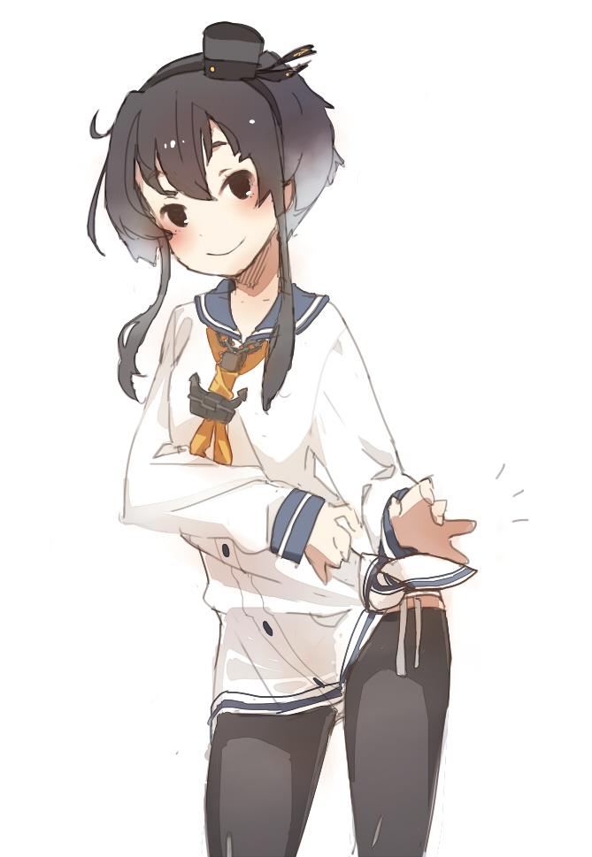 10s 1girl anchor black_hair buttons chain chain_necklace collarbone dress female_focus grey_hair hair_between_eyes hat headgear jewelry kantai_collection looking_at_viewer mini_hat mmlu_(honwa_karesu) multicolored_hair necklace panties pantyhose sailor_collar sailor_dress shirt short_hair short_hair_with_long_locks simple_background smile solo standing tied_shirt tokitsukaze_(kancolle) tying underwear white_background white_panties
