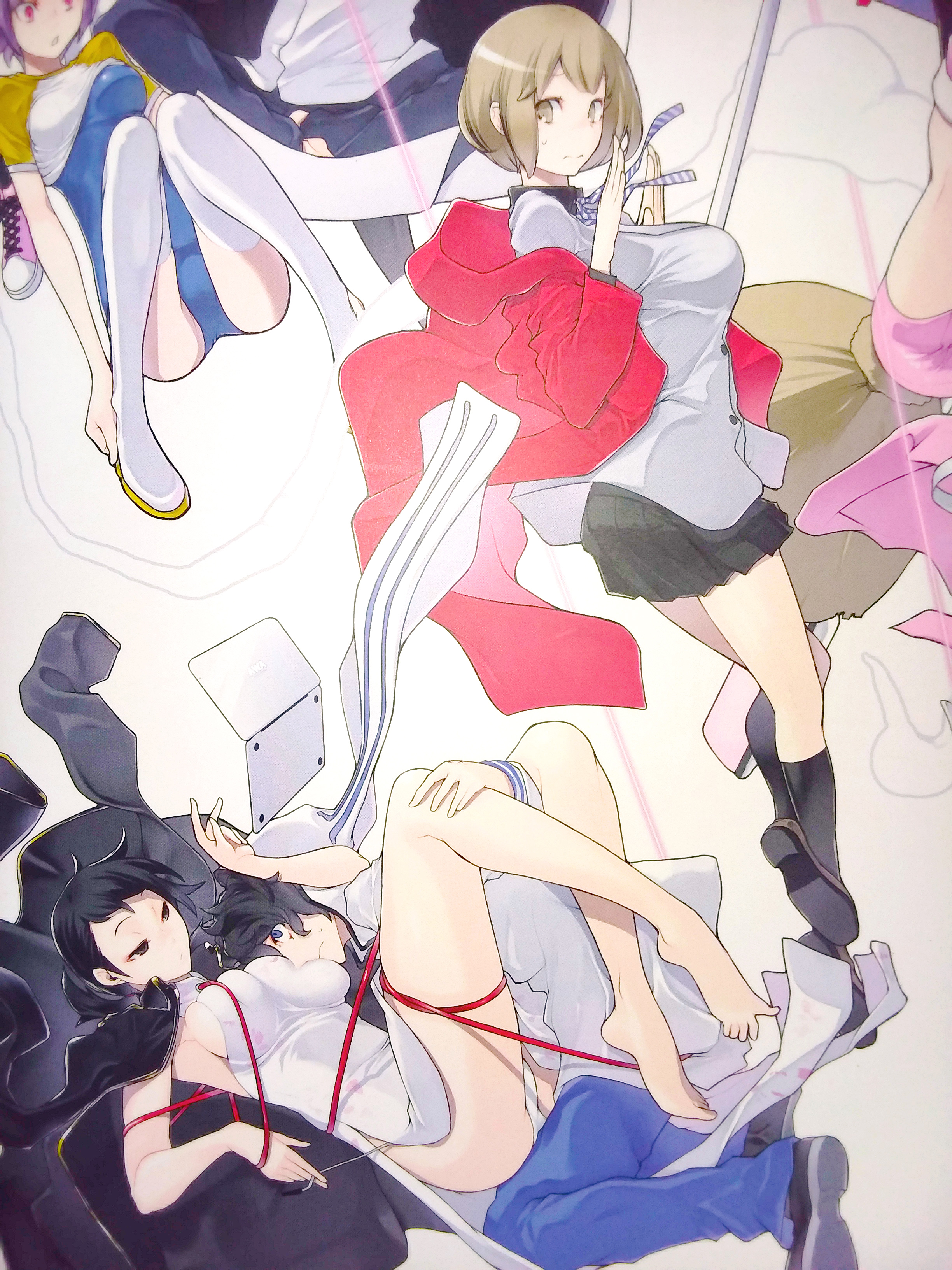 1boy 2girls absurdres animal_hood barefoot black_eyes black_hair blue_eyes blue_pants bound breast_smother breasts brown_eyes brown_hair captured china_dress chinese_clothes computer devi_survivor devil_survivor_(series) devil_survivor_2 dress expressionless face_to_breasts hand_on_leg hetero highres hood hoodie kanno_fumi kuze_hibiki laptop large_breasts multiple_girls nitta_io panties pants rabbit_hood removing_panties short_hair side-tie_panties side_slit simple_background sweatdrop tied_up underwear untied_panties waifu2x white_hoodie yasuda_suzuhito
