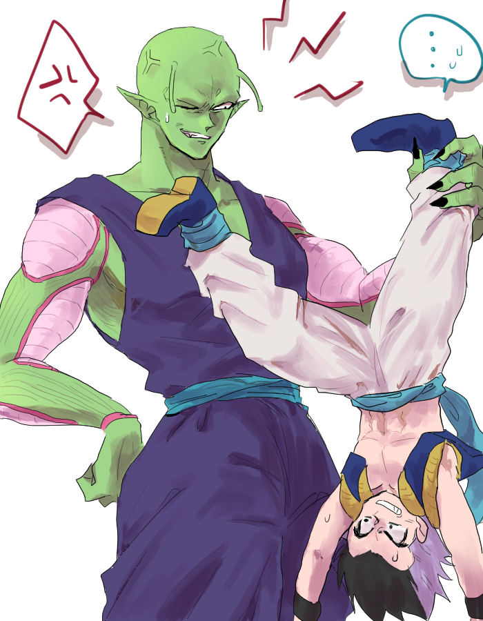 2boys alien anger_vein annoyed antennae baggy_pants black_eyes black_hair black_nails black_wristband blue_footwear blue_sash child colored_skin cropped_vest dougi dragon_ball fingernails gotenks green_skin legband metamoran_vest multicolored_hair multiple_boys muscular muscular_male namekian pants piccolo poemrice pointy_ears purple_hair saiyan sash sharp_fingernails spiked_hair sweat vest white_pants wristband