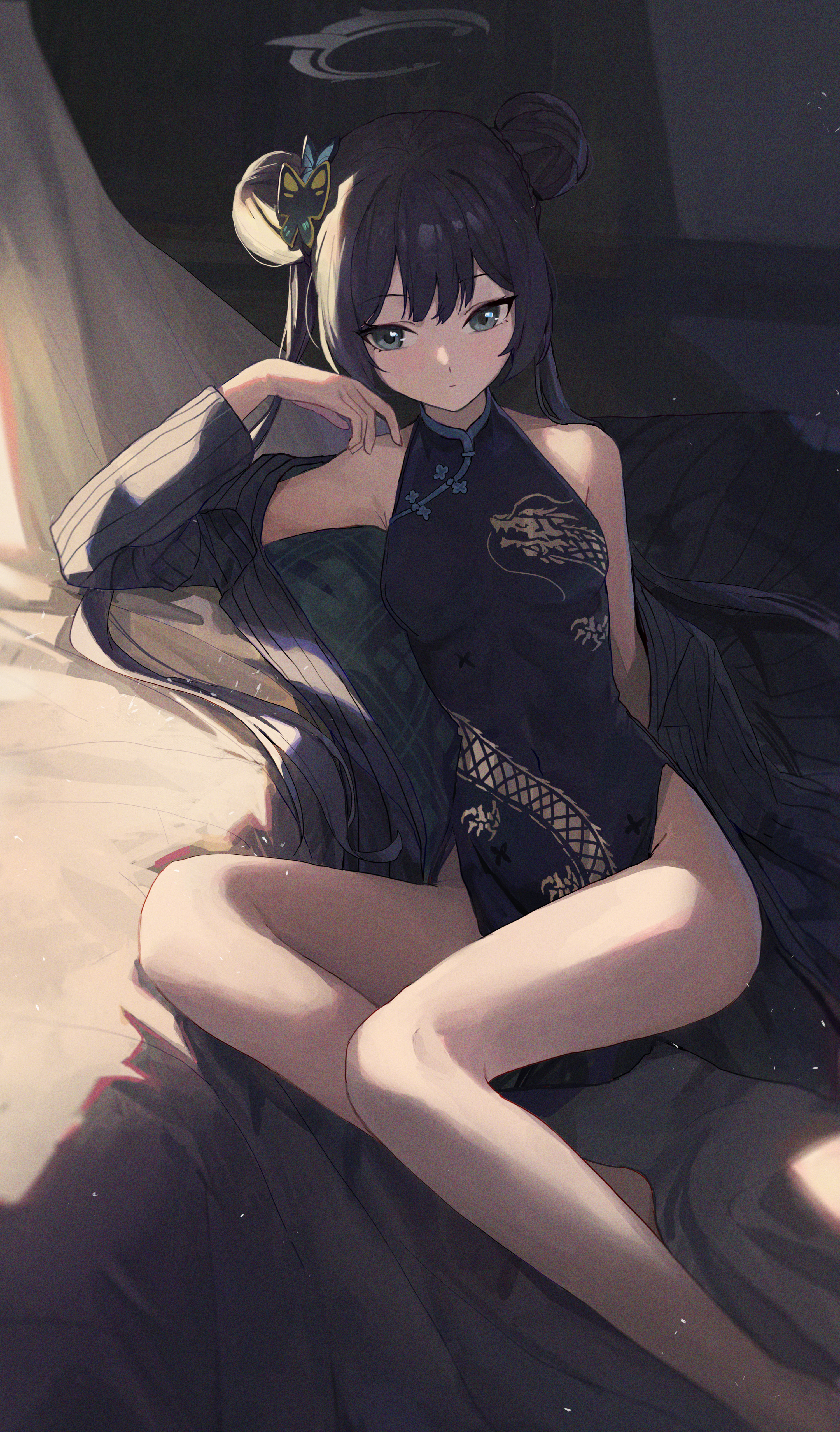 1girl absurdres bare_shoulders black_dress black_hair blue_archive blue_eyes breasts china_dress chinese_clothes double_bun dragon_print dress grey_halo hair_bun halo highres jianjia kisaki_(blue_archive) legs looking_at_viewer sitting sleeveless sleeveless_dress small_breasts thighs twintails