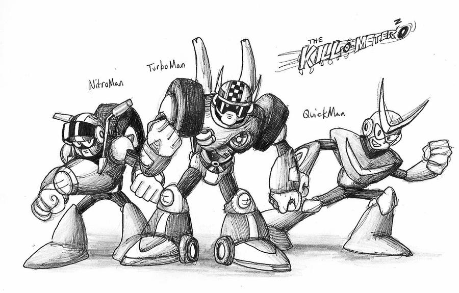full_body helmet joints male_focus mask mega_man_(classic) mega_man_(series) mega_man_10 mega_man_2 mega_man_7 nitro_man quick_man robot robot_ears robot_joints standing sunglasses turbo_man wheel