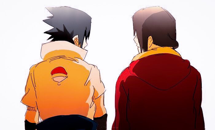 2boys back black_hair brothers commentary_request high_collar hood imamuu_(imamoon) male_focus multiple_boys naruto_(classic) naruto_(series) short_hair siblings sidelocks simple_background uchiha_itachi uchiha_sasuke white_background