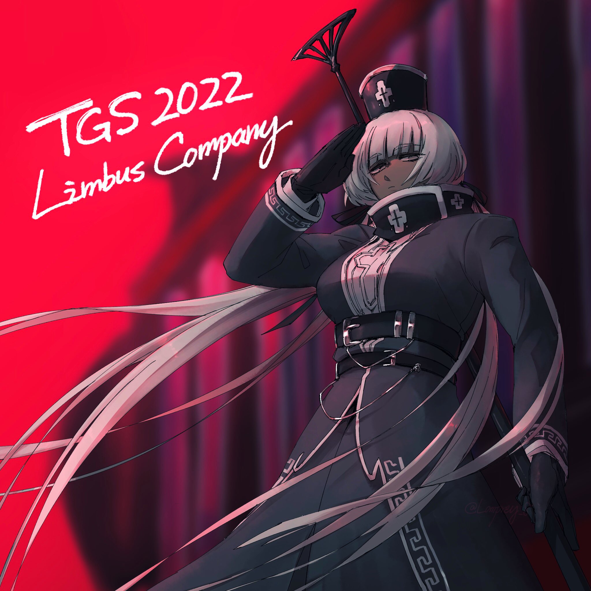 1girl belt black_belt black_bow bow breasts charon_(project_moon) cowboy_shot dress grey_dress grey_eyes grey_hair grey_hat hair_bow hat highres holding holding_oar limbus_company long_hair looking_at_viewer low_twintails medium_breasts oar project_moon salute shako_cap sidelocks solo twintails very_long_hair yatsumeunagi
