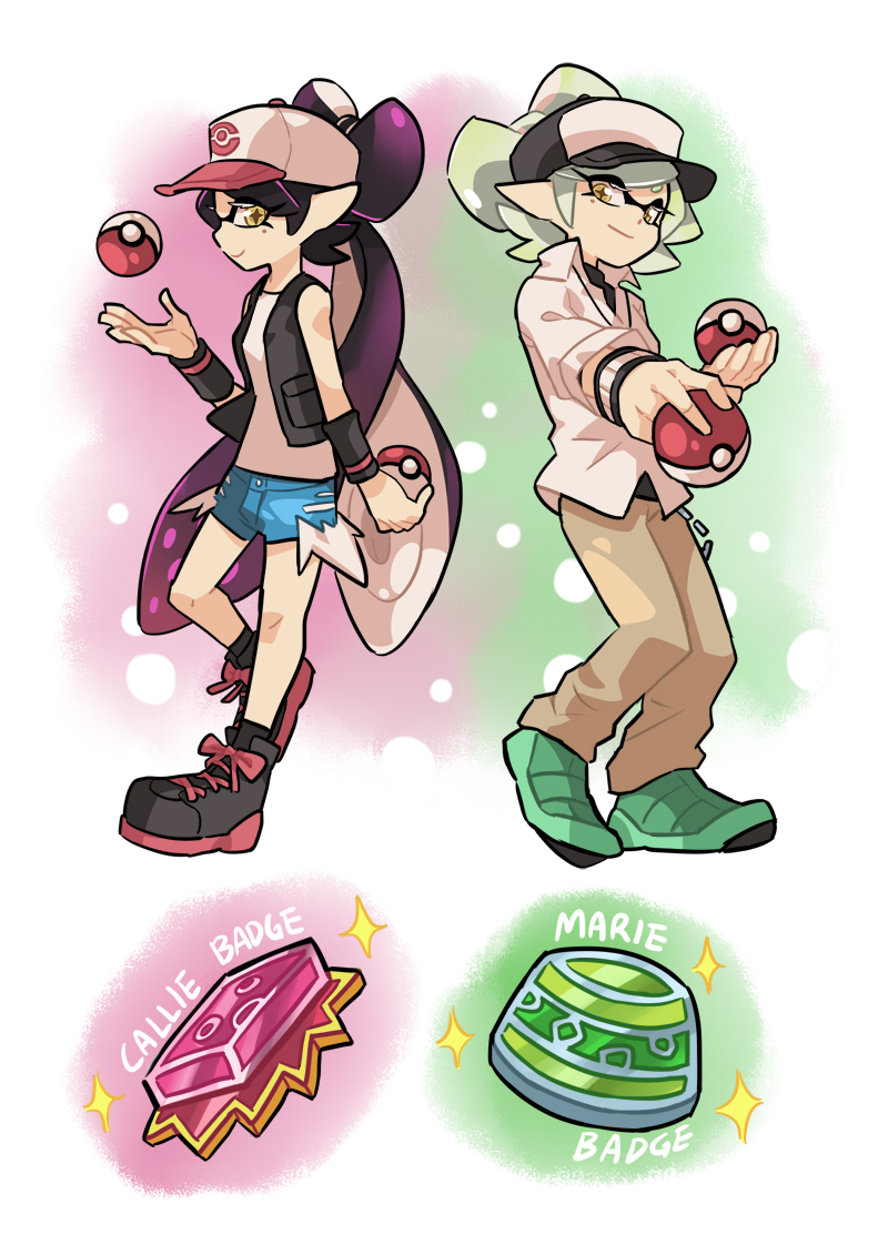 10s 2girls baseball_cap callie_(splatoon) cosplay gomipomi hat hilda_(pokemon) hilda_(pokemon)_(cosplay) inkling inkling_player_character marie_(splatoon) multiple_girls n_(pokemon) n_(pokemon)_(cosplay) nintendo poke_ball pokemon pokemon_bw shoes splatoon_(series) splatoon_1 wristband