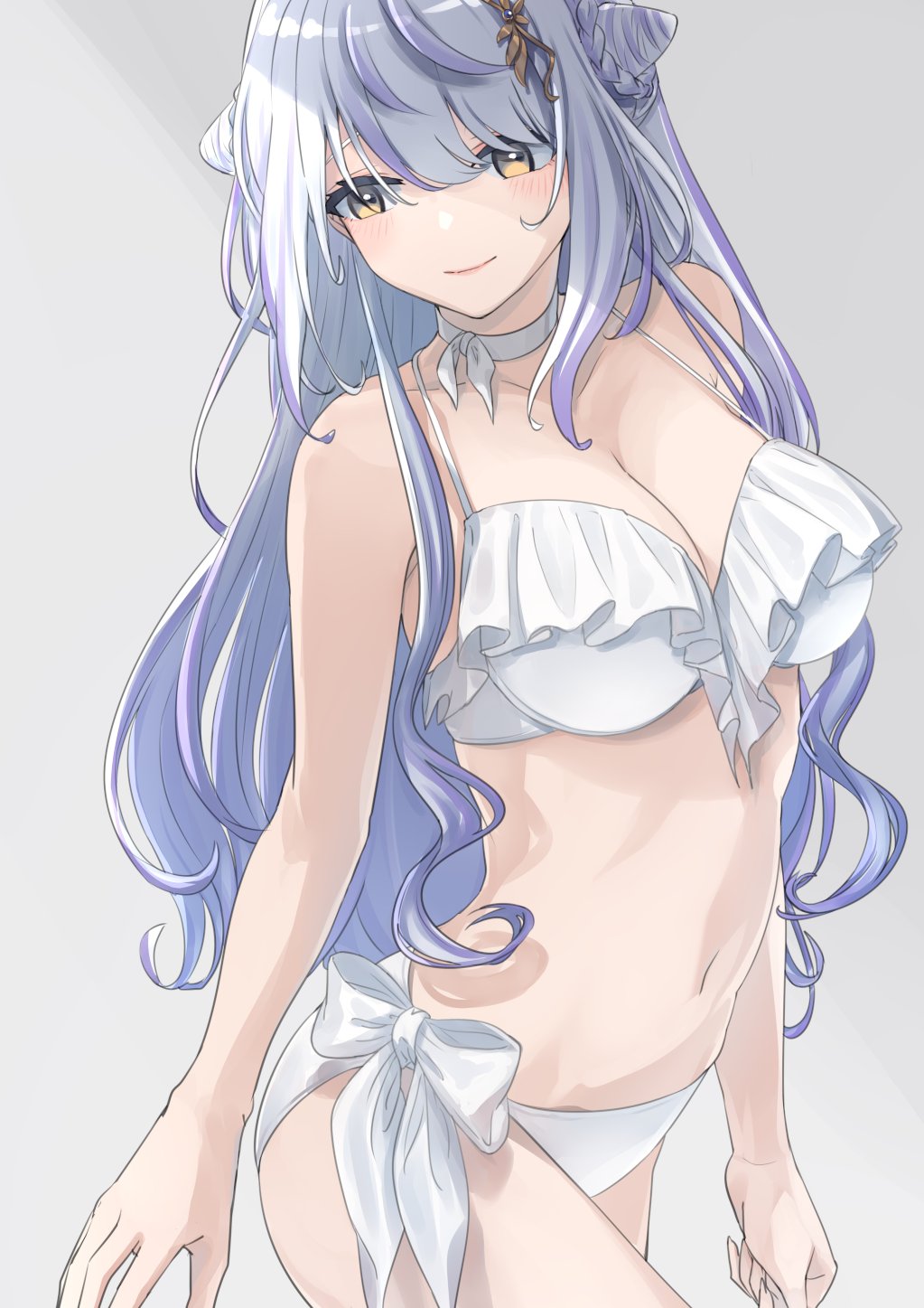 1girl alternate_costume atsushima bikini blush bow braid braided_bun breasts choker closed_mouth commentary_request cone_hair_bun cowboy_shot double_bun flower frilled_bikini frills grey_background hair_bun hair_flower hair_ornament highres hiyoku_no_crosspiece kohaku_yuri large_breasts long_hair looking_at_viewer multicolored_hair nanashi_inc. navel purple_hair simple_background smile solo streaked_hair swimsuit two-tone_hair very_long_hair virtual_youtuber white_bikini white_bow white_choker white_hair yellow_eyes yellow_flower