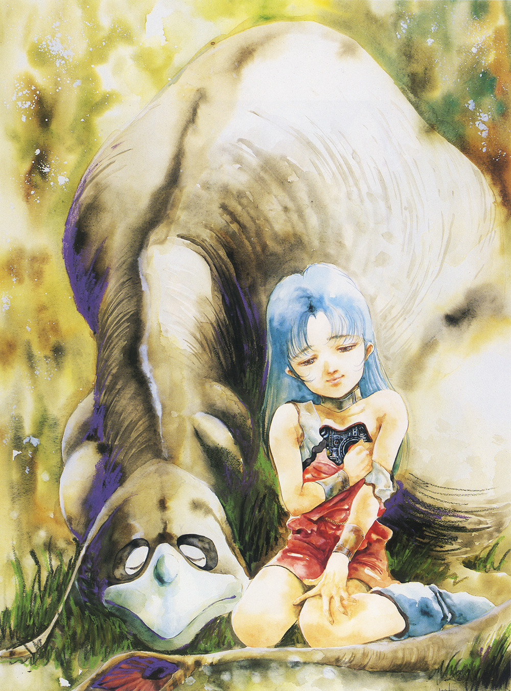 1980s_(style) 1girl android blue_hair boots bracelet child choujikuu_seiki_orguss closed_eyes concept_art dinosaur dress grass highres jabby jewelry kneeling long_hair machinery mikimoto_haruhiko mome_(orguss) monster mu_(orguss) official_art oldschool orguss painting_(medium) production_art resting retro_artstyle reveal robot scan sitting sleeping spoilers tail traditional_media wariza
