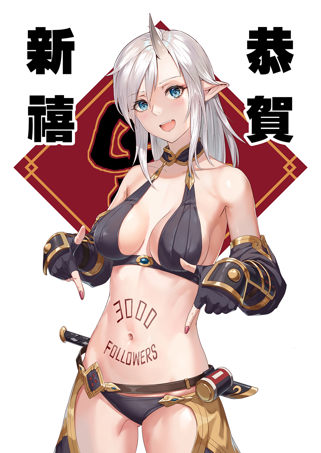yan (situyan0303), original, oni horns, commentary, highres, mixed-language  commentary, translation request, 1girl, :d, bikini, black bikini, blue  eyes, blush, body writing, breasts, chaps, cleavage, collarbone, cowboy  shot, dagger, fang, female focus ...