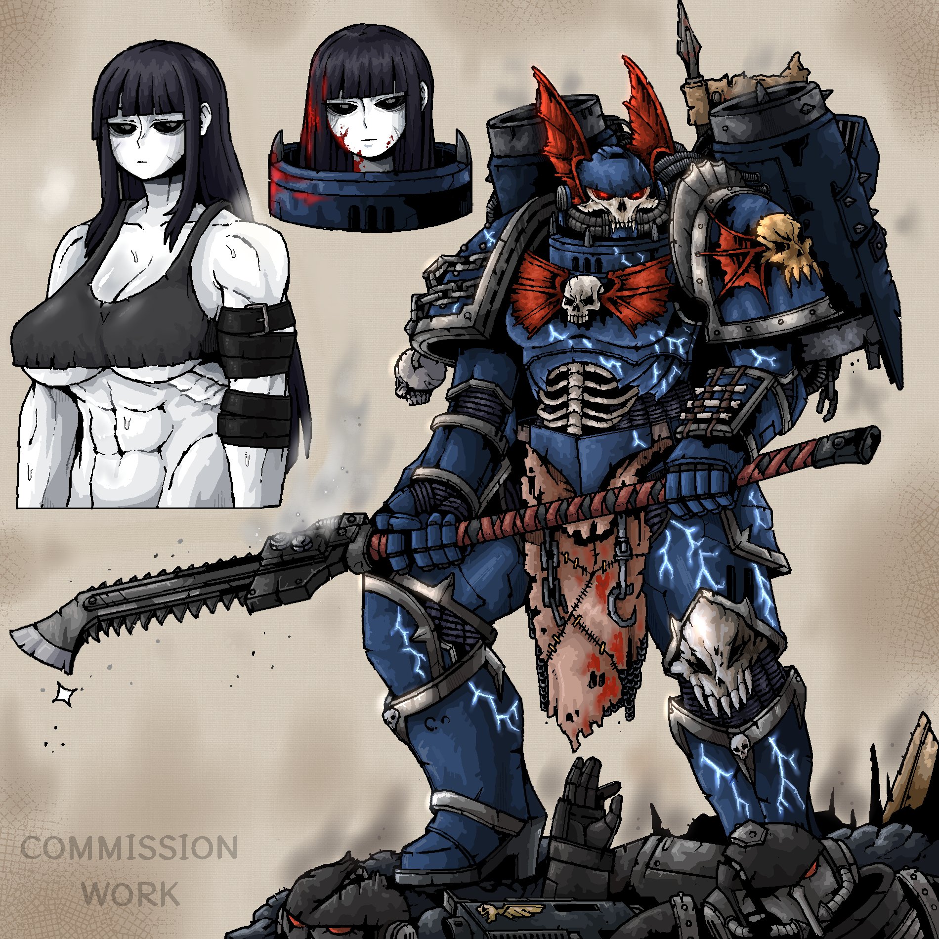 1girl abs armor black_hair black_sclera blood blood_in_hair blood_on_armor blood_on_face blunt_bangs breasts chainsword cleavage colored_sclera commission crop_top female_focus genderswap genderswap_(mtf) grey_eyes highres holding holding_chainsword holding_weapon large_breasts multiple_views muscular muscular_female night_lords octosoup pale_skin power_armor space_marine underboob warhammer_40k weapon