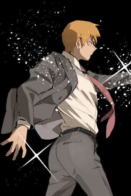 1boy angrymobroomm belt black_background black_belt blonde_hair collared_shirt commentary dress_shirt feet_out_of_frame floating_clothes formal_clothes from_side grey_pants grey_suit jacket layered_sleeves long_sleeves looking_ahead male_focus mob_psycho_100 necktie open_clothes open_jacket open_mouth outstretched_arms pants red_necktie reigen_arataka salt shirt shirt_tucked_in solo sparkle standing suit suit_jacket symbol-only_commentary white_shirt wing_collar