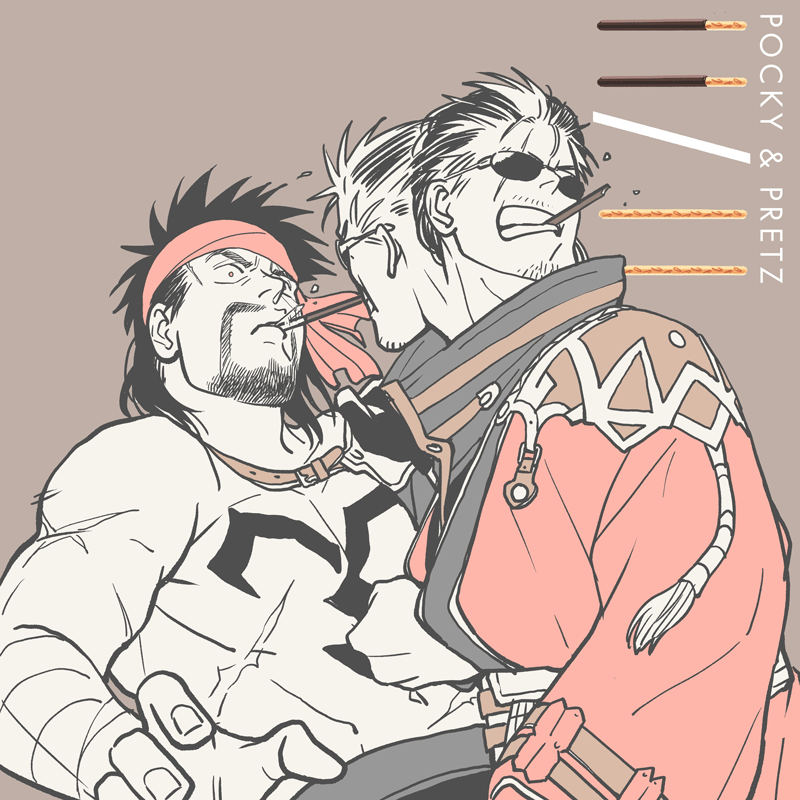 2boys 4100 arm_sling armor auron bara black_hair brown_background chest_tattoo english_text facial_hair final_fantasy final_fantasy_x food food_in_mouth gloves hand_on_another&#039;s_shoulder headband japanese_clothes jecht long_hair male_focus mature_male motion_blur multicolored_hair multiple_boys muscular muscular_male pocky pocky_kiss ponytail red_eyes scar scar_across_eye scar_on_face shared_food shoulder_armor simple_background sunglasses tattoo topless_male two-tone_hair yaoi