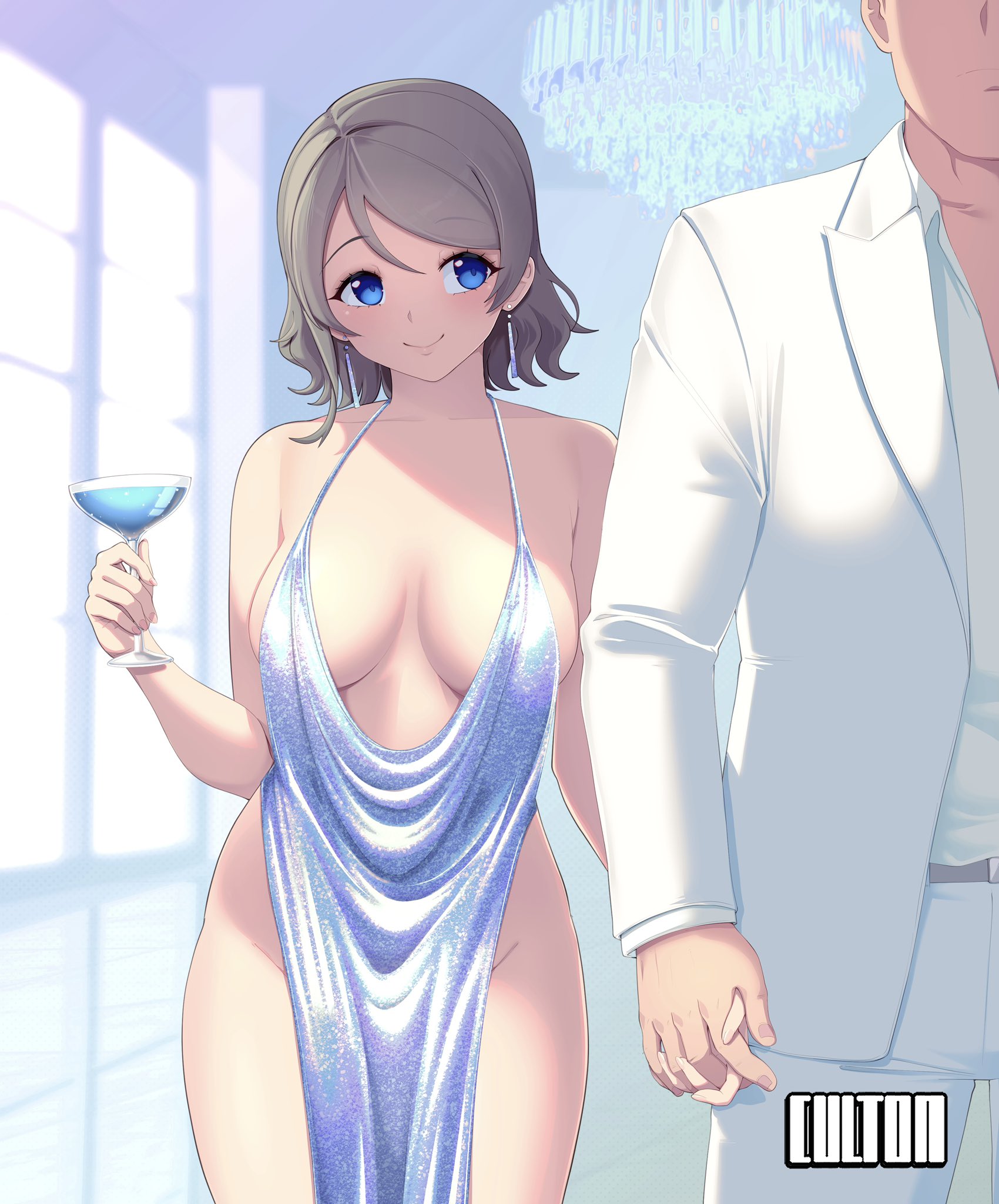 1boy alchohol breasts brown_hair chandelier cleavage cocktail_dress culton cup dress drinking_glass highres holding_hands large_breasts love_live! love_live!_sunshine!! revealing_clothes short_hair thighs tuxedo watanabe_you