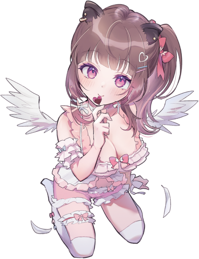 1girl animal_ear_piercing animal_ears babydoll blunt_bangs blush bow breasts brown_hair candy capybara_ears cleavage closed_mouth commentary_request earrings feathered_wings feathers food frilled_babydoll frilled_shorts frills full_body hair_ornament hairclip heart heart-shaped_food heart-shaped_lollipop heart_hair_ornament high_side_ponytail holding holding_candy holding_food holding_lollipop jewelry kuzuhana large_breasts lollipop long_hair looking_at_viewer nanashi_inc. pink_bow pink_eyes pink_shorts seiza shaped_lollipop shorts sidelocks simple_background sitting smile solo stud_earrings thigh_strap thighhighs transparent_background virtual_youtuber white_babydoll white_thighhighs white_wings wings yunohara_izumi