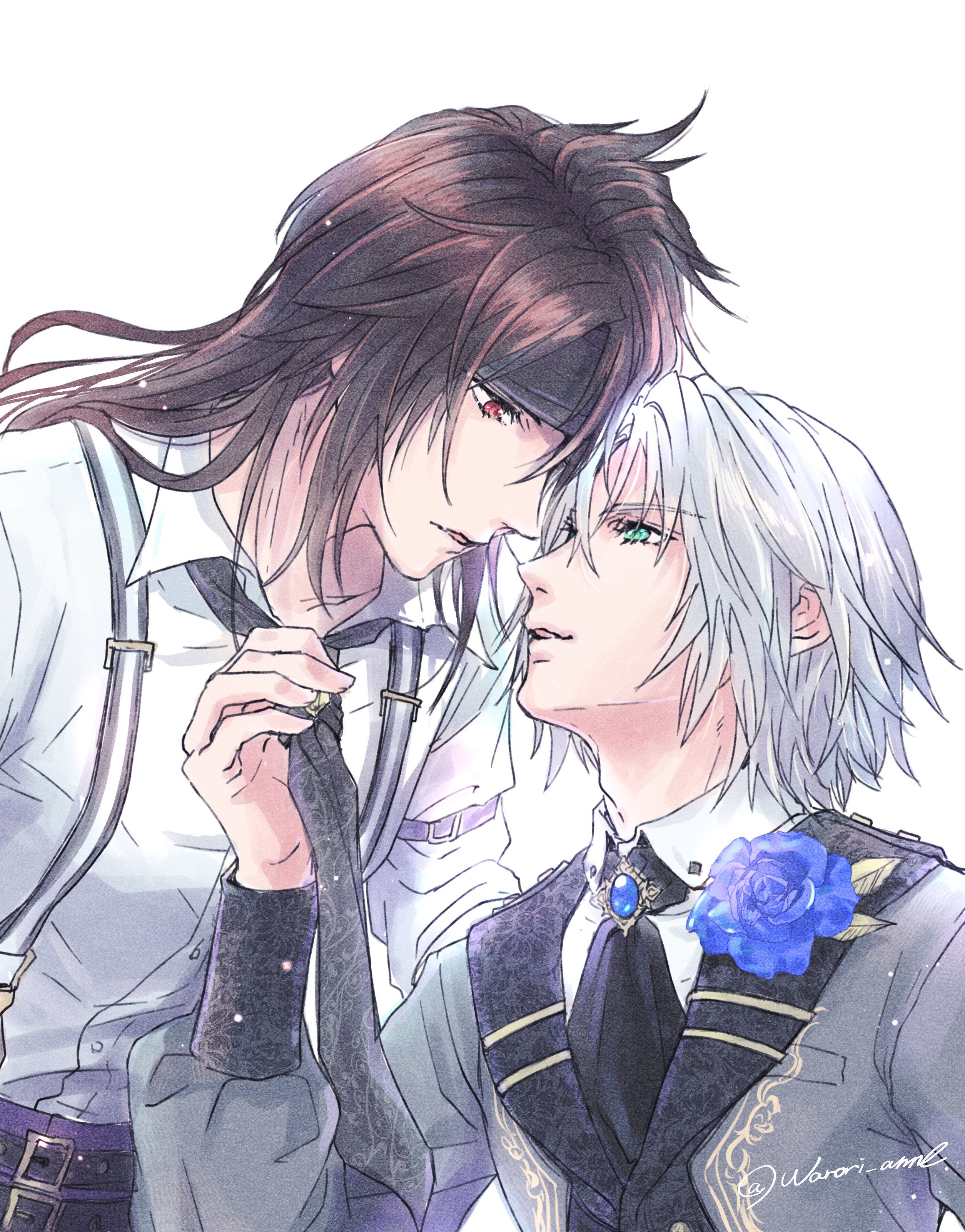 2boys absurdres aged_down aqua_eyes arm_belt ascot belt black_ascot black_belt black_hair black_headband black_necktie blue_flower blue_gemstone blue_rose clothes_grab collared_shirt final_fantasy final_fantasy_vii final_fantasy_vii_ever_crisis flower gem grey_hair grey_jacket hair_between_eyes headband highres jacket long_hair looking_at_another male_focus multiple_belts multiple_boys necktie necktie_grab neckwear_grab official_alternate_costume pants parted_lips purple_pants red_eyes rose sephiroth sephiroth_(dark_attire) sephiroth_(ever_crisis) shirt short_hair suspenders tie_clip twitter_username upper_body vincent_valentine vincent_valentine_(formal_attire) warori_anne white_background white_shirt yaoi