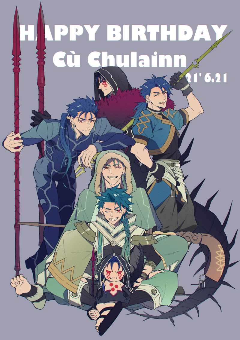 6+boys ;d arm_on_own_head armor asymmetrical_clothes black_gloves blue_bodysuit blue_hair bodysuit braid character_name chest_tattoo chibi closed_eyes cu_chulainn_(caster)_(fate) cu_chulainn_(fate) cu_chulainn_(fate/prototype) cu_chulainn_(fate/stay_night) cu_chulainn_alter_(fate) cu_chulainn_alter_(fate/grand_order) dated earrings facial_mark fangs fate/grand_order fate/grand_order_arcade fate/prototype fate/stay_night fate_(series) gae_bolg_(fate) gloves grin hair_over_shoulder hair_strand hand_on_own_hip happy_birthday holding holding_polearm holding_spear holding_weapon hood jewelry leaning_forward long_hair looking_at_viewer male_focus md5_mismatch mini_cu-chan_(fate) mitsudomoe_(shape) monster_boy multiple_boys one_eye_closed open_mouth parted_bangs polearm ponytail purple_background red_eyes resolution_mismatch sandals setanta_(fate) simple_background single_braid smile source_larger spear spiked_tail tail tattoo thigh_gap toeless_legwear tomoe_(symbol) weapon x-r5xxxlove
