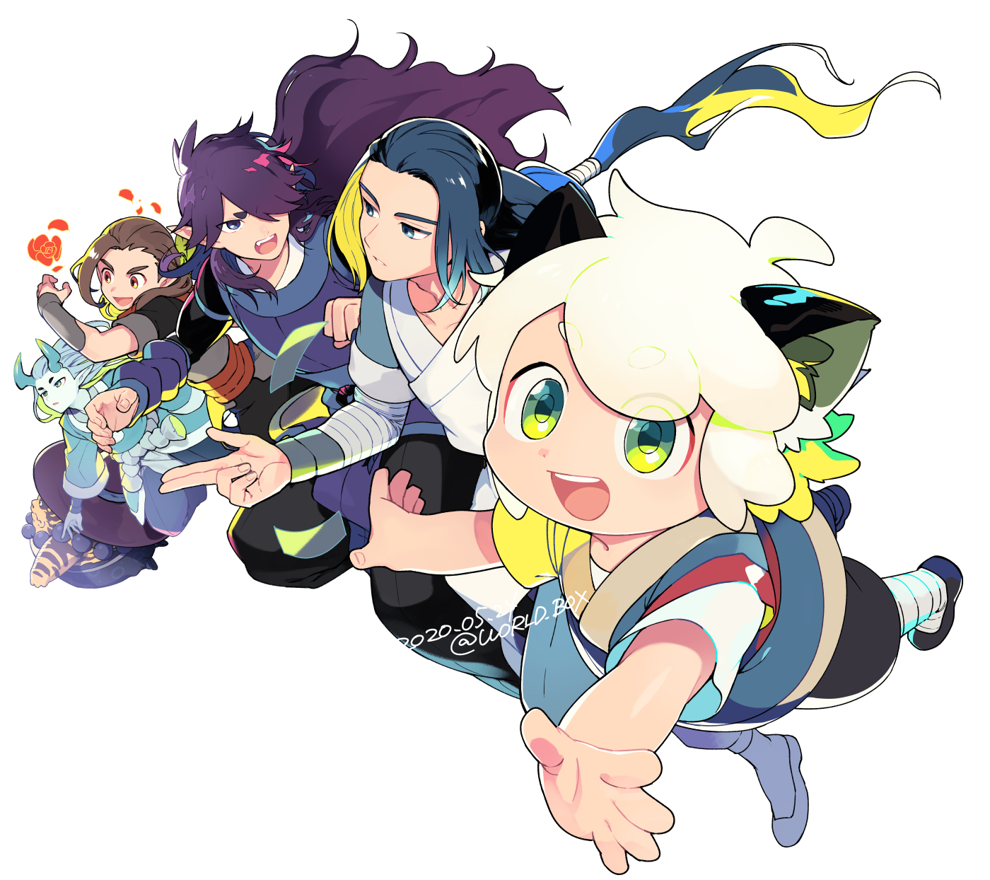 6+boys animal_ears aqua_hair black_hair black_pants brown_hair cat_boy cat_ears dated fengxi_(the_legend_of_luoxiaohei) green_eyes highres long_hair looking_at_viewer luo_xiaohei luo_xiaohei_(human) luo_xiaohei_zhanji luozhu_(the_legend_of_luoxiaohei) multiple_boys open_mouth pants purple_hair short_sleeves simple_background smile tianhu_(the_legend_of_luoxiaohei) twitter_username vox white_background white_hair wuxian_(the_legend_of_luoxiaohei) xuhuai_(the_legend_of_luoxiaohei)